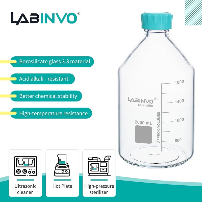LINVO Glass Round Media Bottles, Vol.2000ml Borosilicate Glass Reagent Storage Bottle with GL45 Screw Cap, IN-RB2000A - Image 3